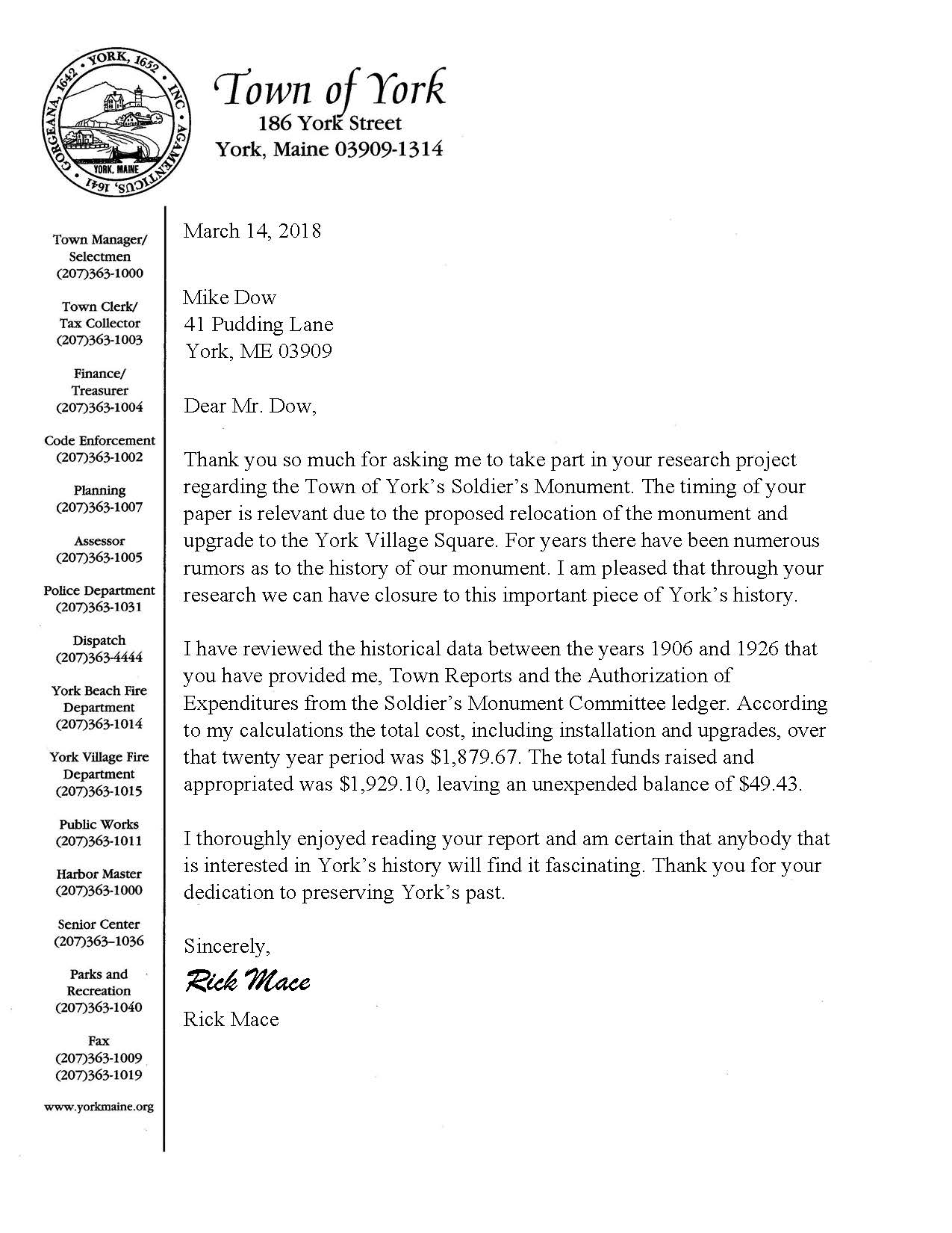 Rick Mace letter